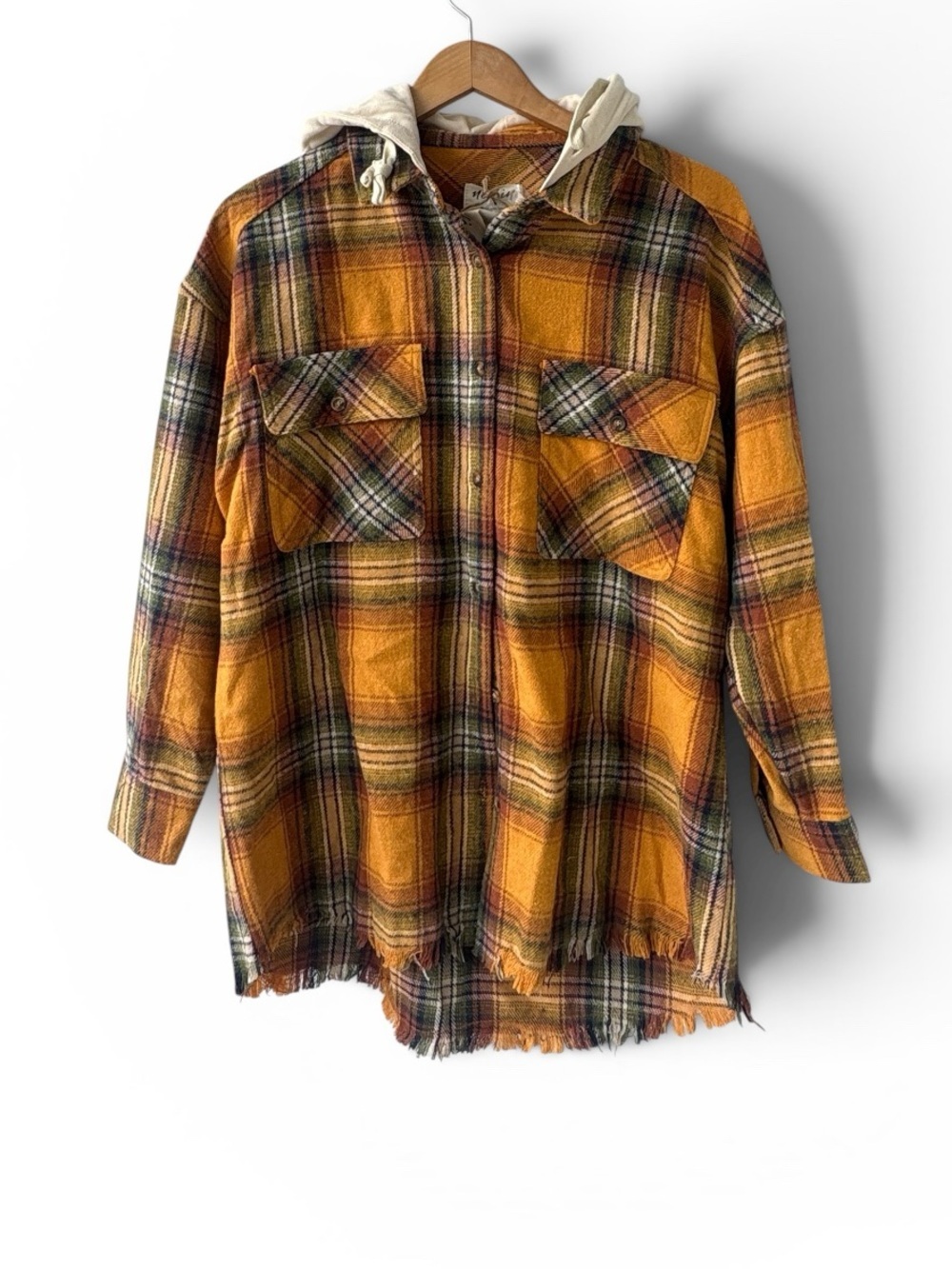 New In Plaid Hooded Shirt Jacket Women's Oversized Button Up SMALL NWT